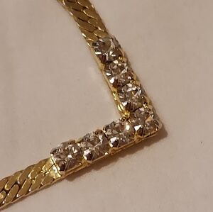 Herringbone Design Goldtone Chain Necklace With Clear Rhinestones Center Accent